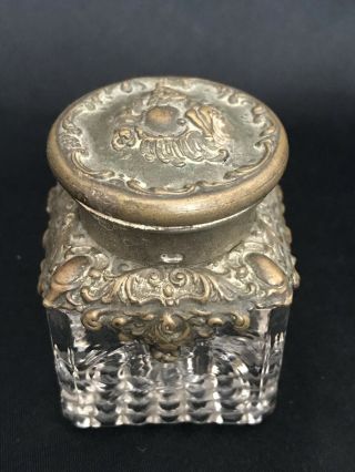 Antique Victorian 1897 Glass Inkwell/bottle With Sterling Hinged Lid