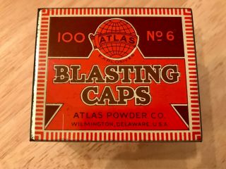 Vintage Atlas Powder Co.  100 N0.  6 Blasting Caps Tin Box Empty V