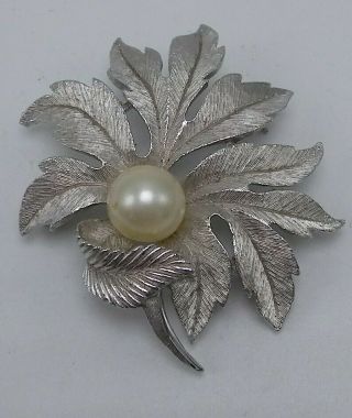Trifari Crown Vintage Silver - Tone Faux Pearl Leaf Pin Brooch