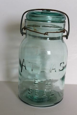 Vintage Atlas E Z Seal Quart Aqua Mason Jar With Wire Bail Glass Lid Wavy Glass