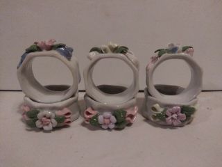 Vintage Porcelain Octagonal Flower & Ribbon Napkin Rings/holders (set Of 6)