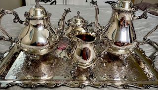 Webster Wilcox Is Joanne Vintage Silver Plated 5pc Tea Coffee Set W/ Large Tray