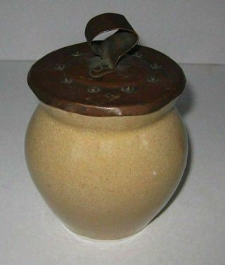 Roycroft Stoneware Crock Honey Pot Jar With Hammered Copper Lid