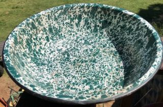 Vintage Large Green White Splatter Enamelware Bowl Black Trim Enamel Ware Rustic
