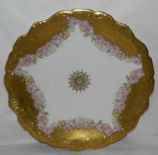 Antique B&h Limoges France Hand Painted Cabinet Plate Pink Roses Heavy Gold Gilt