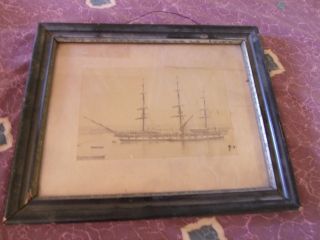 Antique 3 - Masted Sailing Ship Photo Picture Framed From Estate