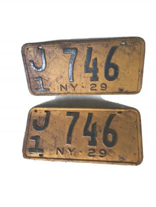 Vintage York State License Plates Set Of Yellow W/ Blue Letters/numbers 1929