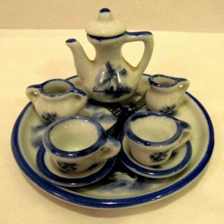 Vintage Miniature Porcelain Doll Tea Coffee Set Blue And White