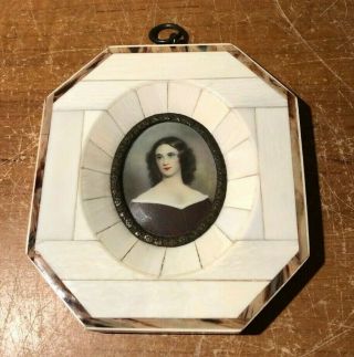 Antique 1892 Signed Miniature Hand Painted Portrait Of Young Lady In Bone Frame