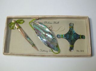 Vintage Abalone Mop Shell Tatting Shuttle Antique Tool Sewing Set B/5