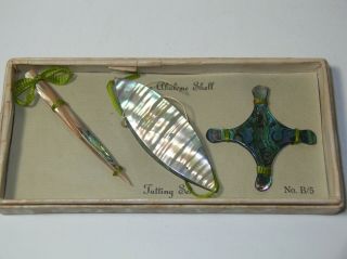 Vintage Abalone MOP Shell Tatting Shuttle Antique Tool Sewing Set B/5 2