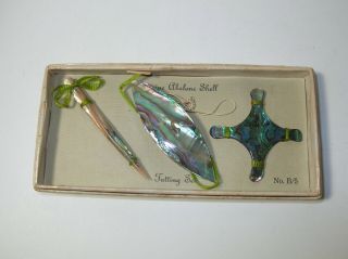 Vintage Abalone MOP Shell Tatting Shuttle Antique Tool Sewing Set B/5 3