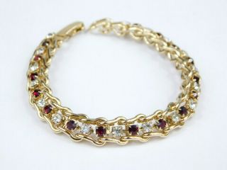 Vtg Red Clear Rhinestone Crystal Gold Tone Link Bracelet 7 "