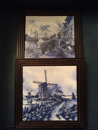 Pair (2) Vintage Delft Blue Tiles Fisherman Windmill Scenes Holland Framed 4 "