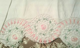 Vintage White Cotton Pillowcases Pair With Pink,  White & Green Crochet Trim