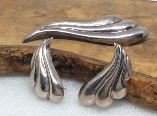Vintage Mexico Modernist Sterling Silver Puffy Feather Pin & Earrings Set