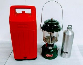 Vintage Green Coleman Gas Lantern With Case And Fuel Bottle -