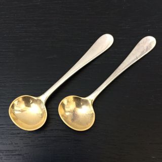 Vtg Set Of 2 Tiffany & Co Sterling Silver Salt Cellar Spoons W/ Gold Wash Bowls