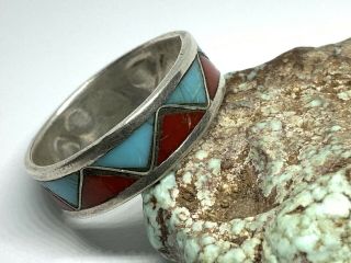 Vintage Native American Sterling Silver Turquoise Coral Inlay Band Ring - Sz 8.  75