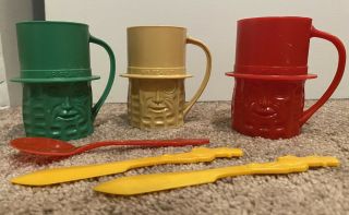 3 Vintage Planters Peanuts Mr.  Peanut Plastic Cups Red Green Tan & Utensils