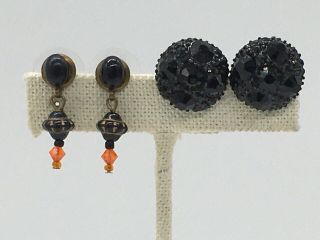 2 Pair Vintage Black Rhinestone Button Black Orange Bead Dangle Pierced Earrings
