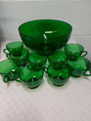 Vintage Anchor Hocking Forest Green Punch Bowl And 9 Punch Cups