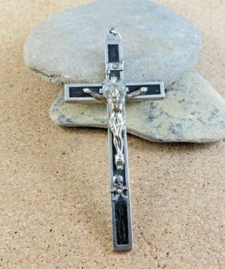 Antique Victorian Crucifix Cross Skull & Crossbones Black Ebony 4 " Pendant 612