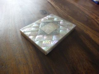 Stunning Antique Mother Of Pearl & Silver Inlay Card Case