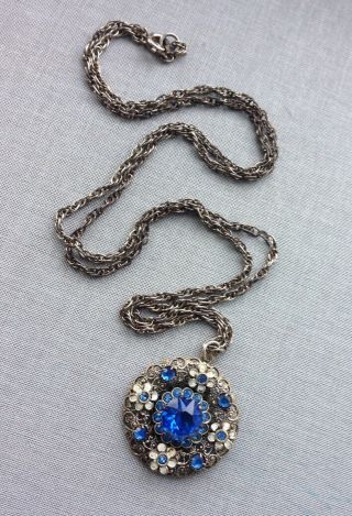 Old Vintage Jewellery Art Deco Czech Filigree Blue Rhinestone Pendant Neckalce