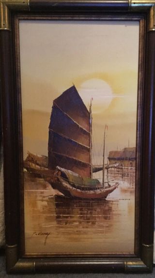 Vintage P.  Wong 28” X 15” Chinese Junk Boat Signed /Framed Oil Painting 2
