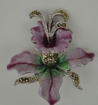 Vintage: Lilac Green Enamel Marcasite Orchid Flower Brooch - Condit