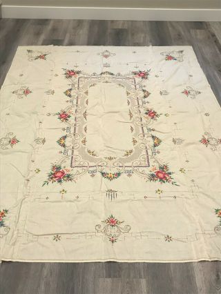 Vintage Hand Embroidered Cross Stitched Flower Tablecloth Rectangular 80”x 60”