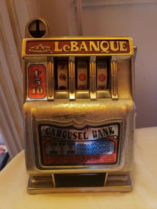 Vintage Le Banquet Slot Machine Bank 7 1/2” Tall - Metal