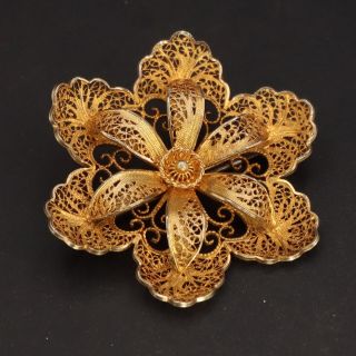 Vtg Sterling Silver - Portugal Topazio Filigree Flower Gold Brooch Pin - 7g