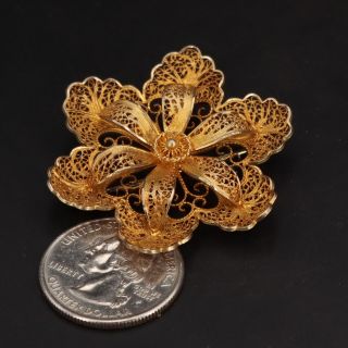 VTG Sterling Silver - PORTUGAL TOPAZIO Filigree Flower Gold Brooch Pin - 7g 3
