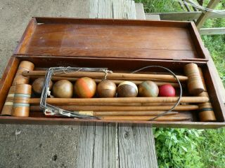 Antique Croquet Set In Wooden Box
