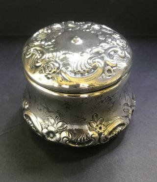 Antique Rose Floral Scroll Sterling Silver Dresser Vanity Powder Box Jar