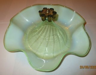 Victorian Vaseline Glass Green Epergne Bowl With Trumpet Holder.