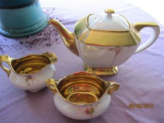 Stunning Antique Teapot Creamer Sugar Bowl Bavaria Germany Gold White Luster