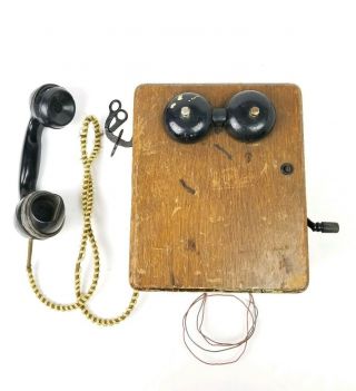 Antique Wall Telephone Stromberg Carlson Oak Wood Box Hand Crank Ringer Box Vtg