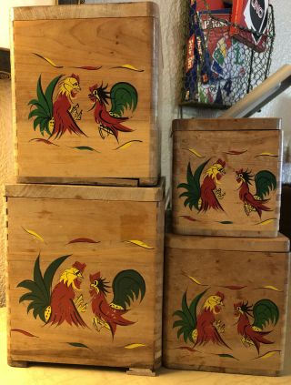 Vintage Fighting Roosters Cocks Wooden Square Canister Set Of 4 Stacking W/ Lids
