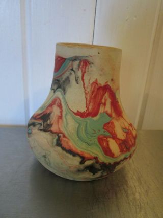Vintage Nemadji Pottery Handmade Vase 5 " Usa Made Swirl Red Blue Black 5 " Diam