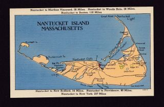 Old Vintage Map Linen Postcard Of Nantucket Island Ma