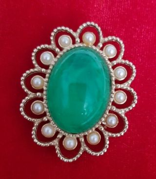 Vintage Sarah Coventry Brooch Pin Faux Pearl Green Gb Cov Costume Jewellery