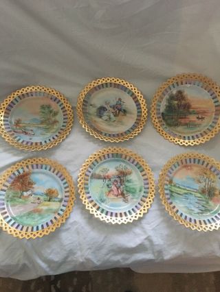 Gilt Edged Hand Painted Dessert Plates - Marked " Alm 1910 " - Set Of 6