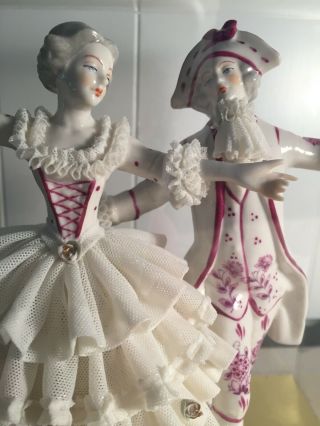 Vintage,  Dresden Porcelain Lace Figurine Man And Woman Dancing,  Box