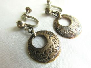 Vintage Mexican Taxco Pqr Sterling Silver Floral Etched Dangle Earrings