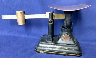 Vintage Cast Iron Fairbanks Postal Scale With Brass Tray,  Arm And Balance