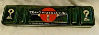 Prang Water Colors Paints Tin American Crayon Company 4 Colors,  Brush 5.  Vntg