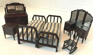 Tootsietoy 6 Metal Doll House 1/24 Scale Miniature Furniture Bedroom Brown